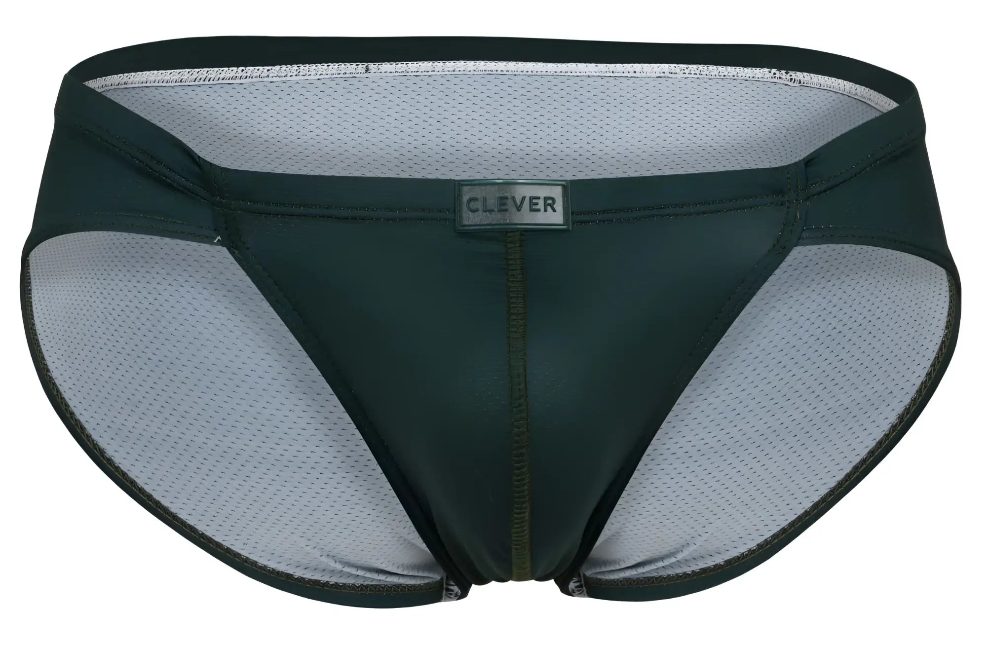 Dark green Clever 1775 Optimo briefs swim trunks with mesh lining and a Clever brand label visible on the front