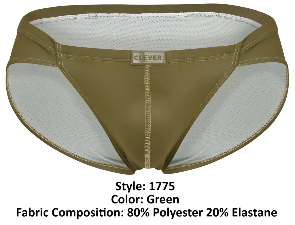 Olive green clever 1775 optimo briefs with white mesh lining and clever brand label on waistband
