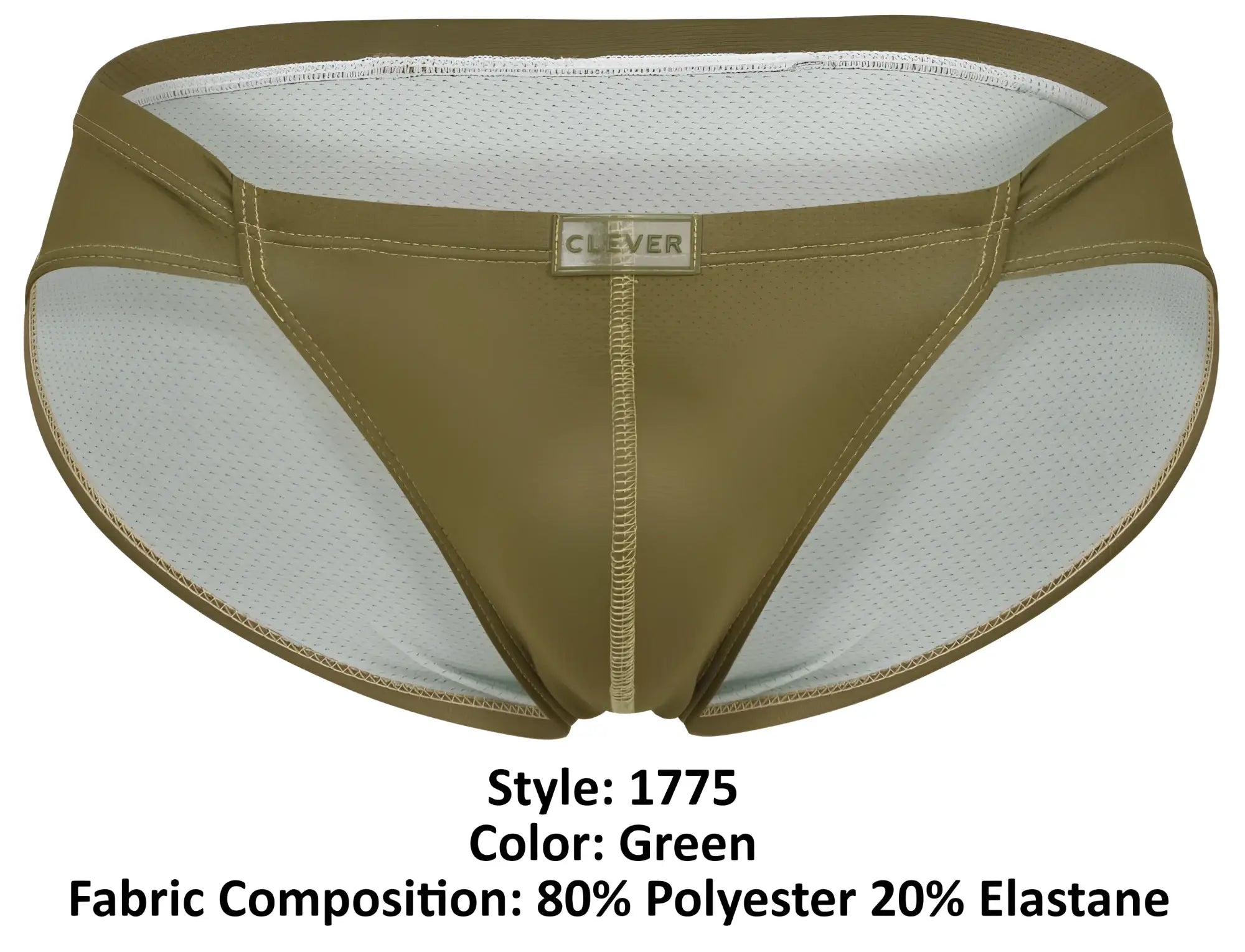 Olive green clever 1775 optimo briefs with white mesh lining and clever brand label on waistband