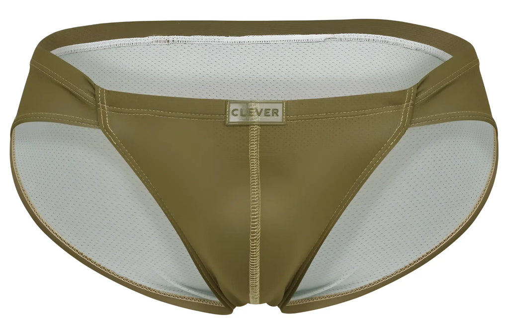 Olive green and white mesh briefs with clever brand label front in clever 1775 optimo briefs color green