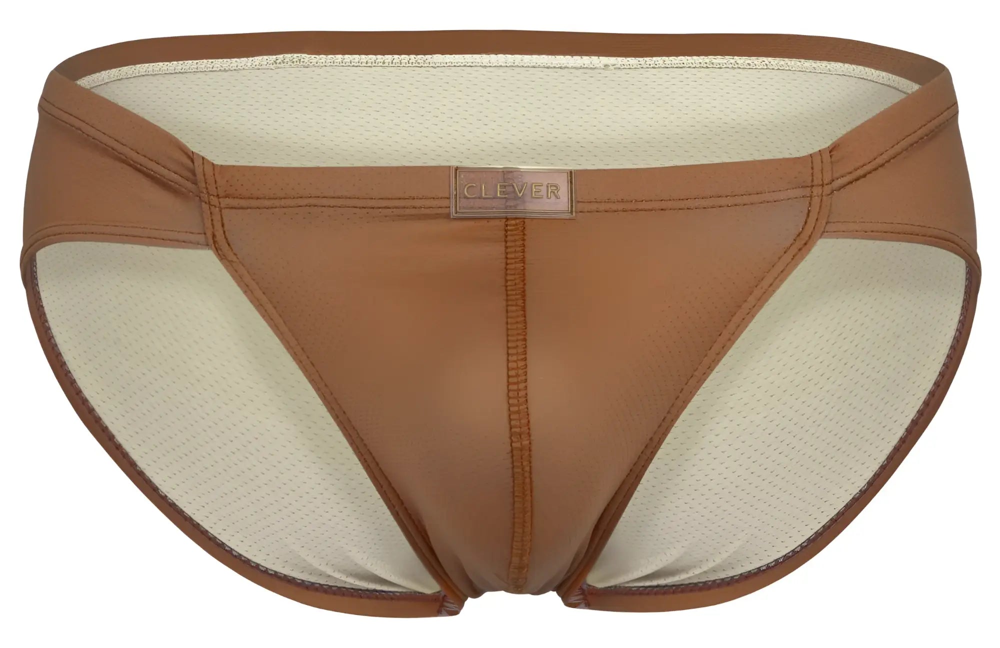 Brown leather-like clever 1775 optimo briefs with beige mesh lining and clever brand label in ochre color