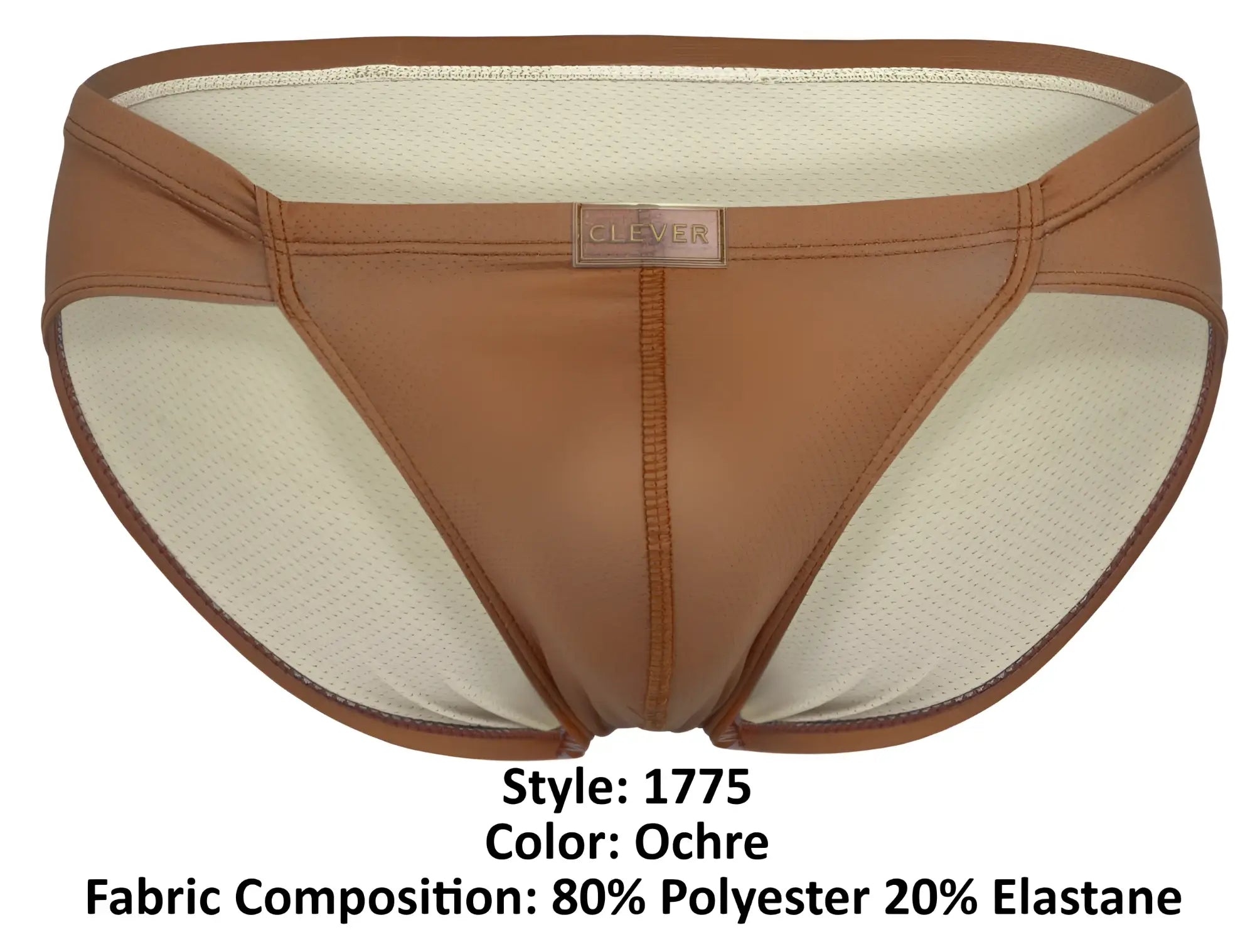 Ochre leather-like clever 1775 optimo briefs with mesh lining and brand label showcasing front design