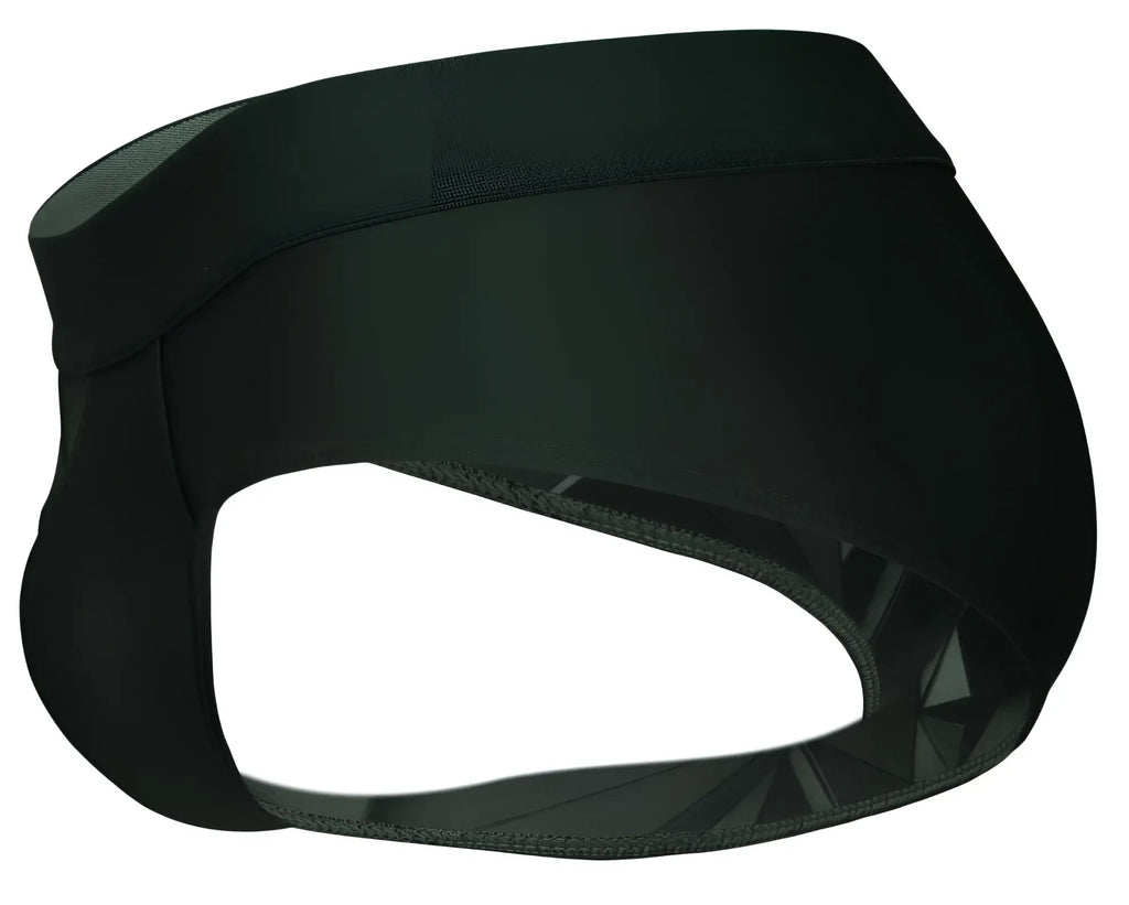 Black neoprene clever 1776 venecia briefs with sleek form fitting design and subtle geometric inner edge pattern in dark green