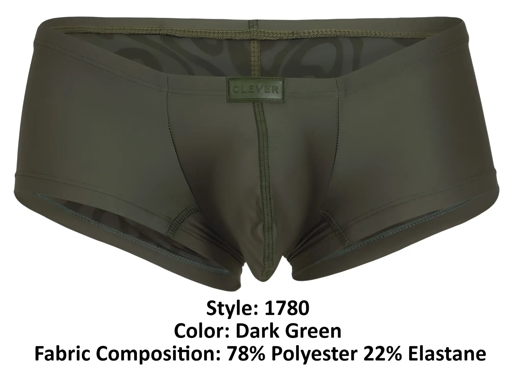 Dark green clever 1780 maya trunks men’s briefs made of 78 polyester 22 elastane with subtle camouflage lining