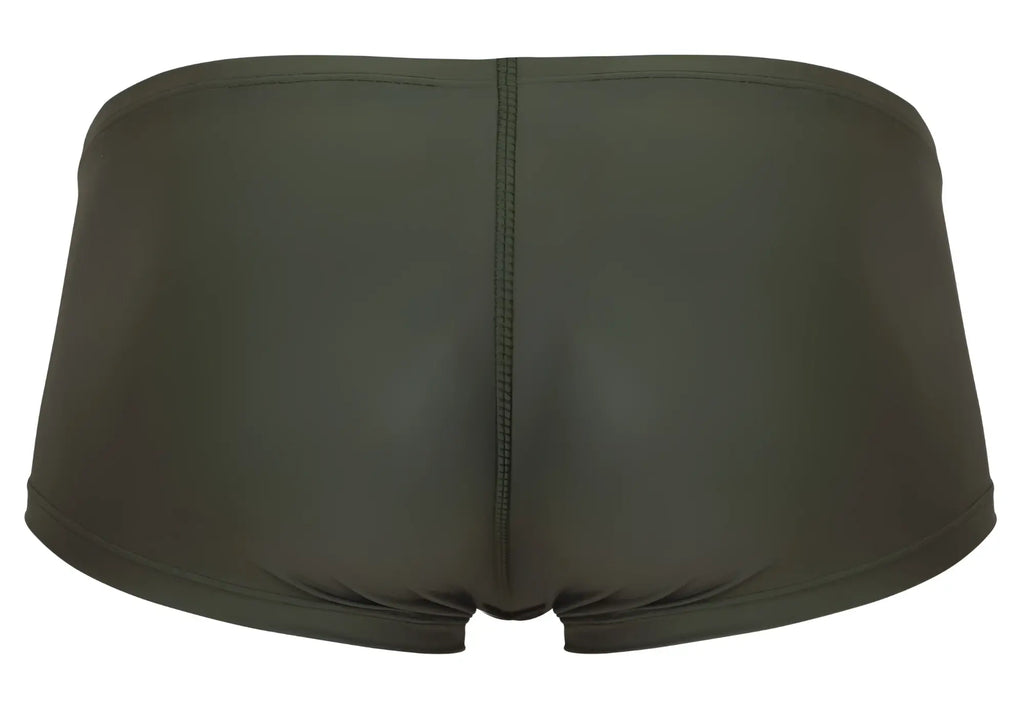 Dark olive green clever 1780 maya trunks showing back side with form-fitting smooth stretchy fabric and central seam