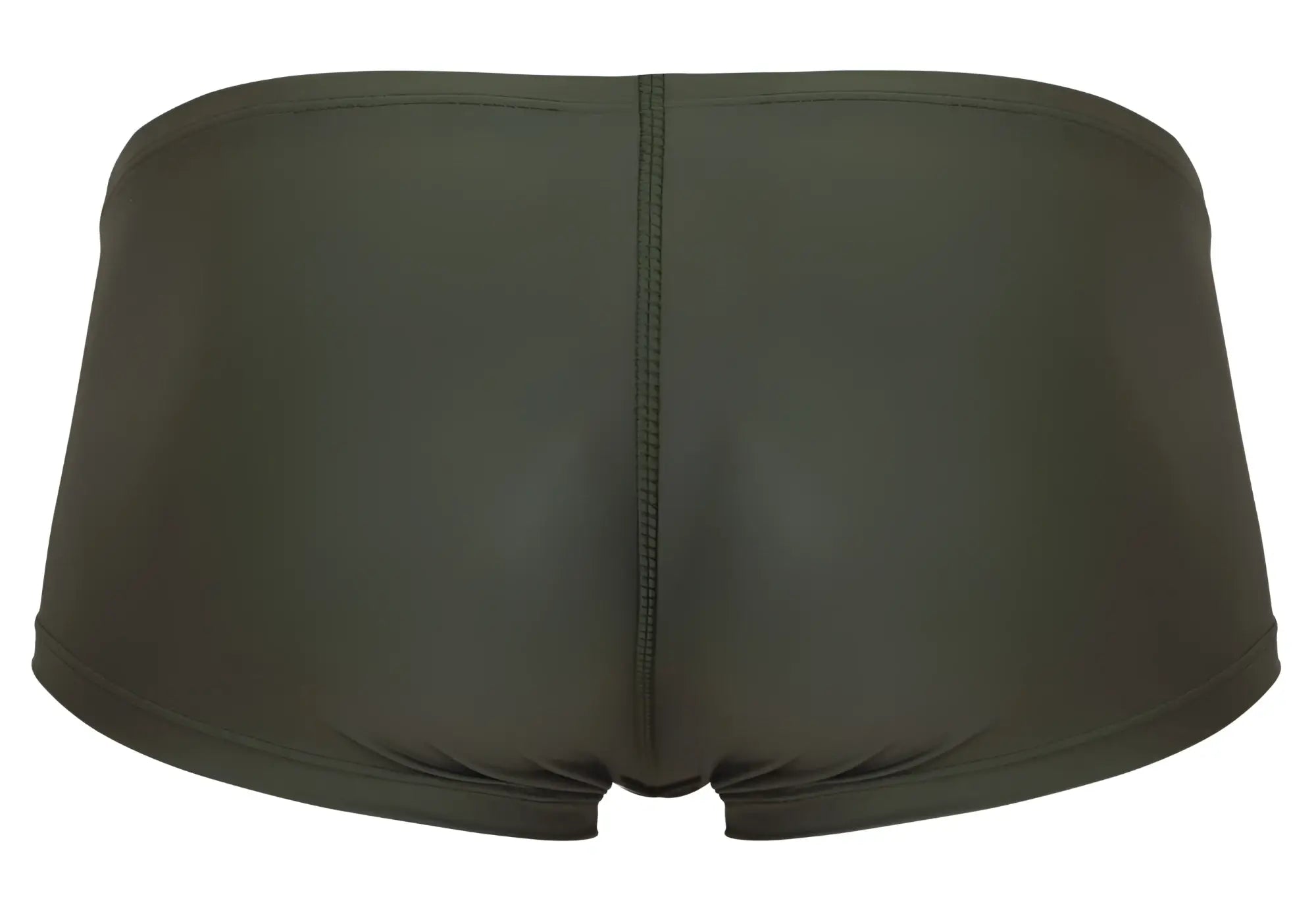 Dark olive green clever 1780 maya trunks showing back side with form-fitting smooth stretchy fabric and central seam