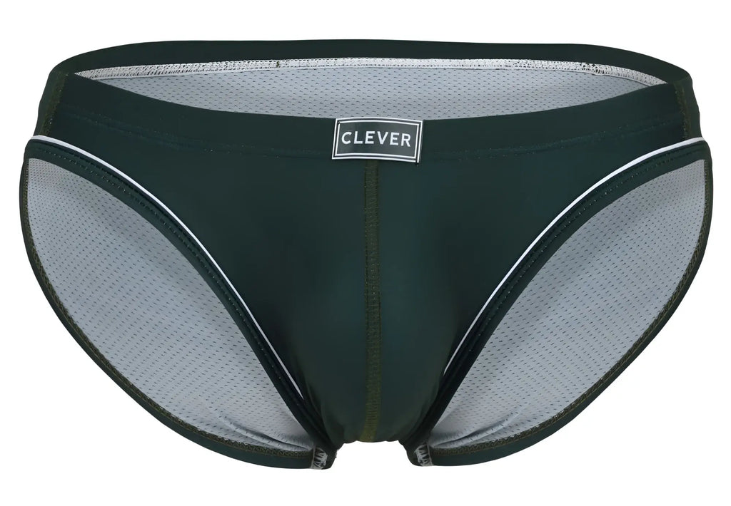 Dark green and gray mesh briefs with white trim featuring clever brand label on waistband in clever 1782 argovia style