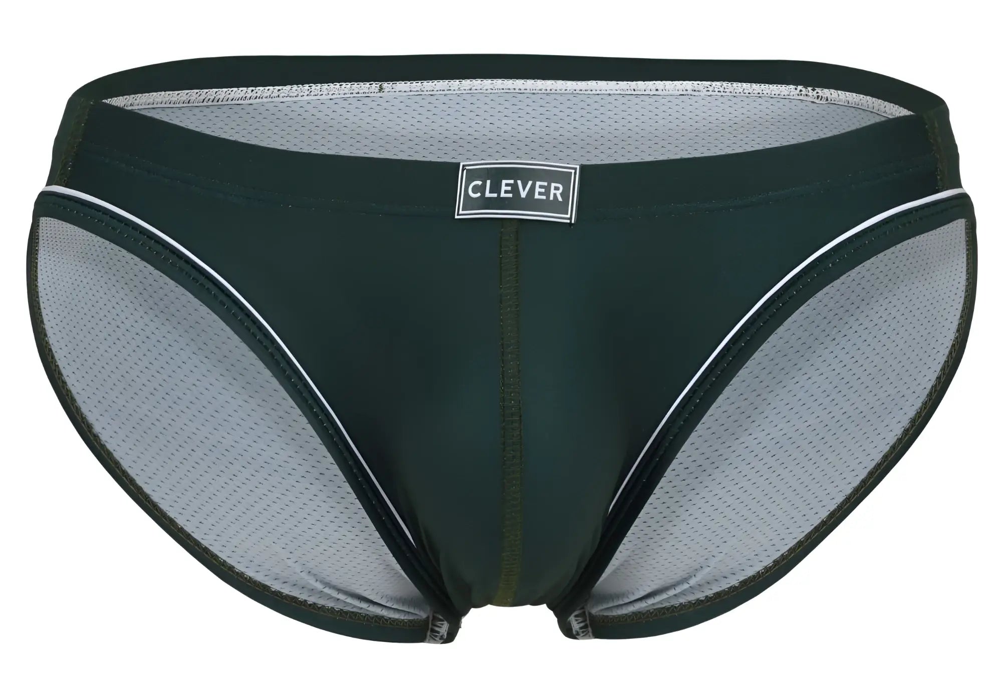 Dark green and gray mesh briefs with white trim featuring clever brand label on waistband in clever 1782 argovia style