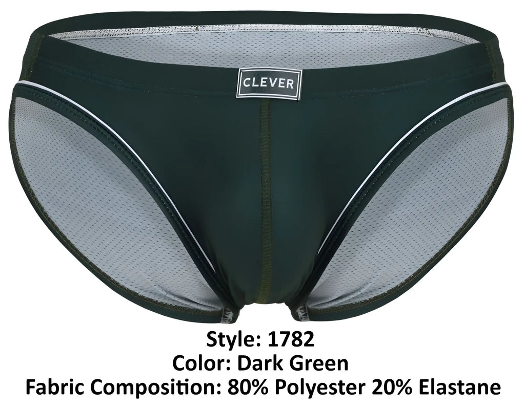 Dark green clever 1782 argovia men’s briefs with mesh panel and white trim featuring clever brand label