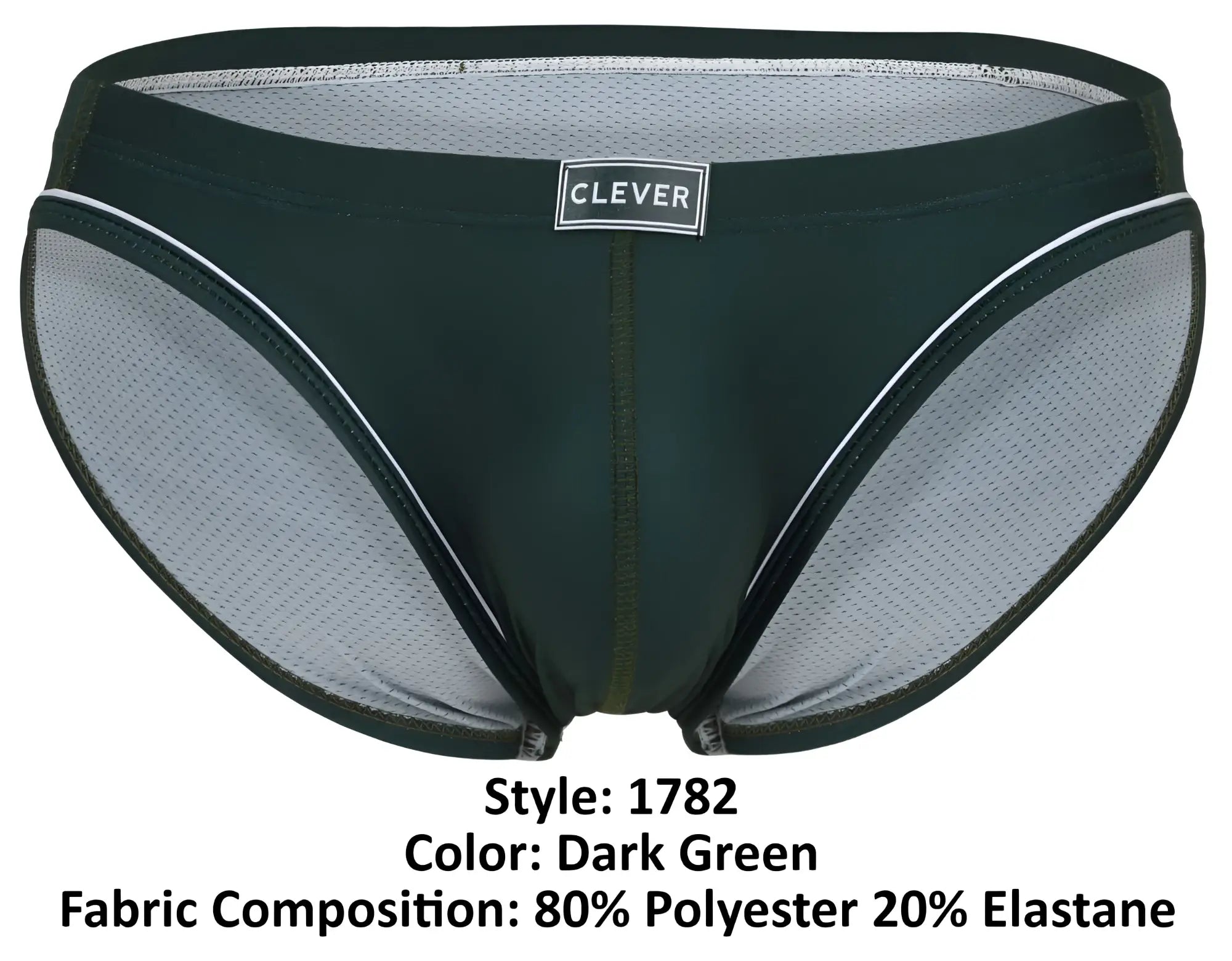 Dark green clever 1782 argovia men’s briefs with mesh panel and white trim featuring clever brand label