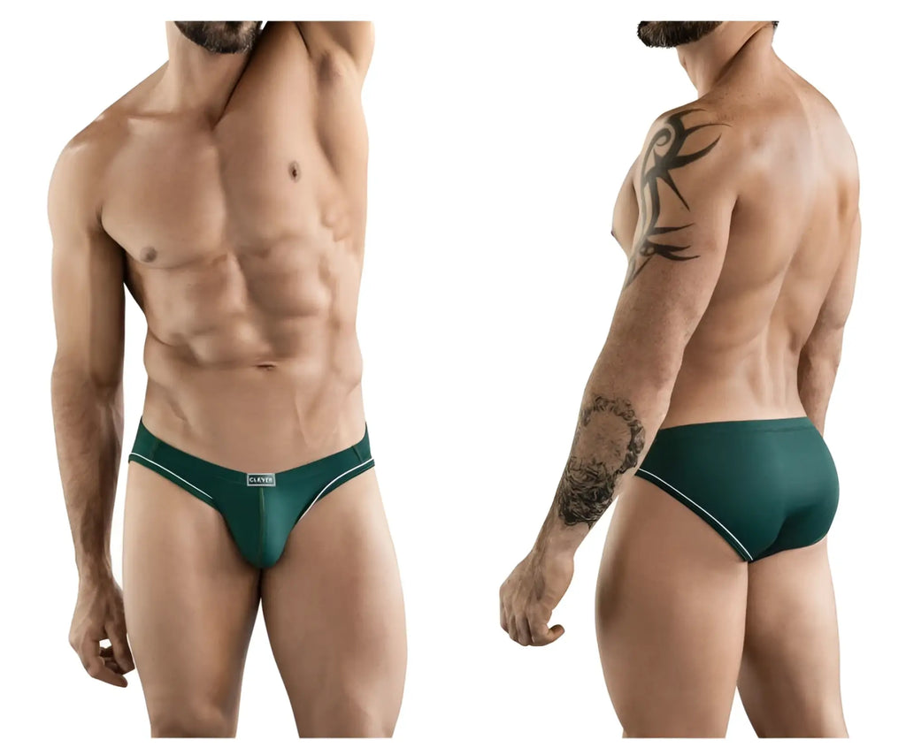 Dark green clever 1782 argovia briefs with white trim and classic brand label on waistband in form-fitting design