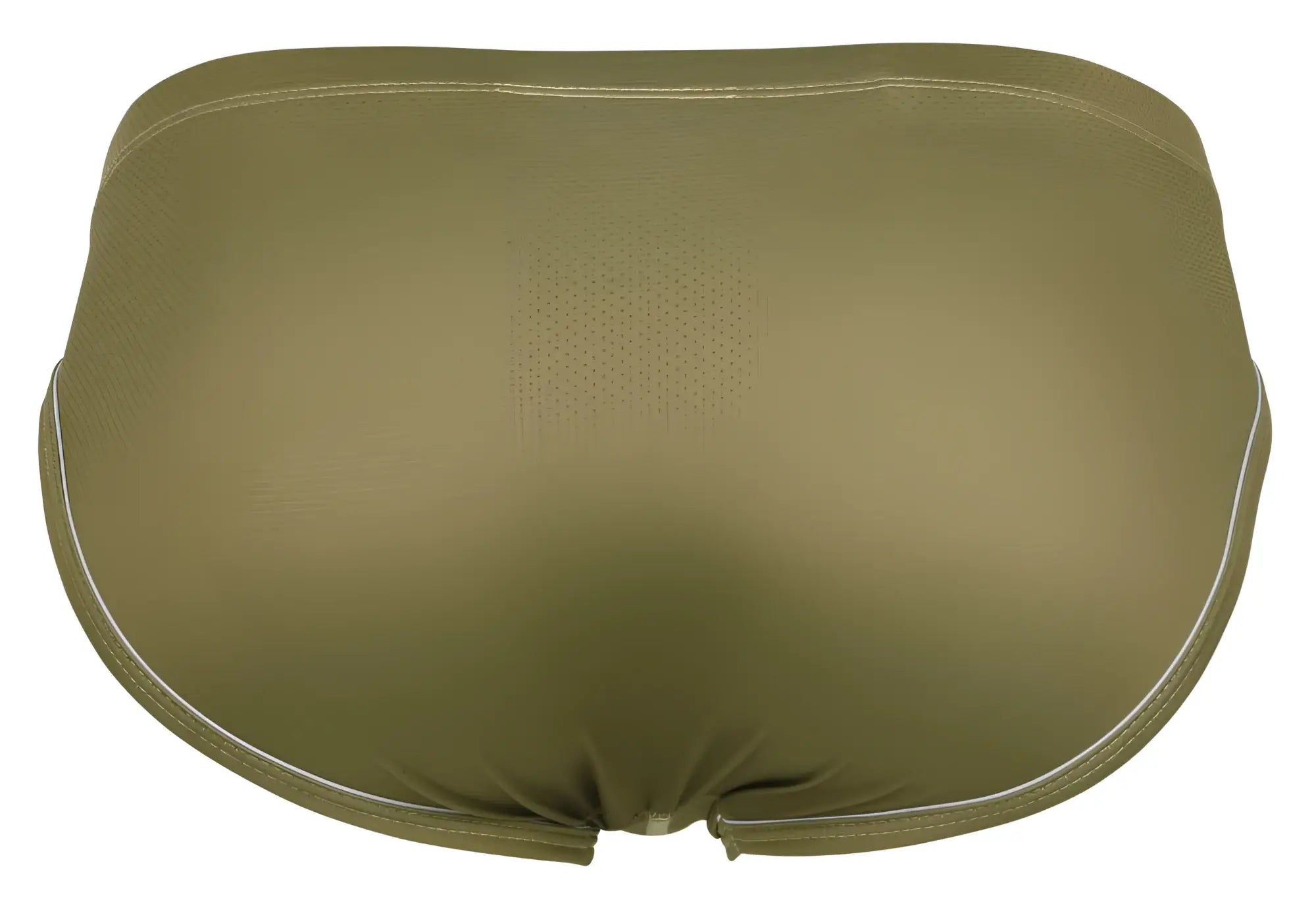 Olive green clever 1782 argovia briefs swim trunks with white stitching along waistband and leg openings