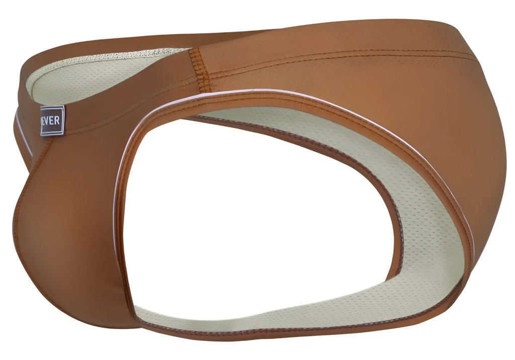 Brown leather-like men’s briefs with light beige mesh lining and white stitching clever 1782 argovia briefs ochre color
