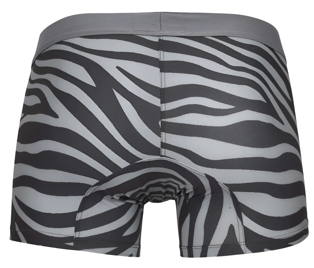 Black and white zebra-striped clever 1800 cebra trunks with gray waistband men’s boxer briefs for everyday wear