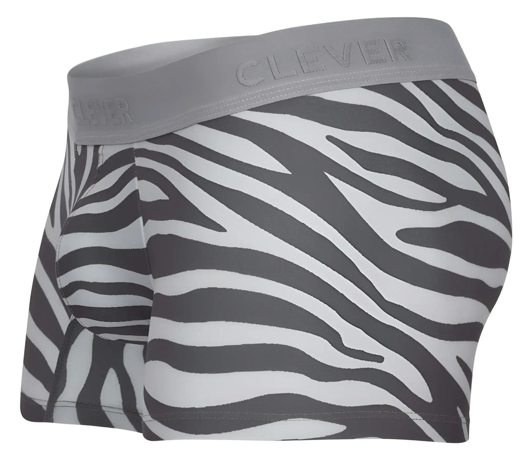 Gray and white zebra-print boxer briefs with gray elastic waistband featuring clever brand name in clever 1800 cebra trunks