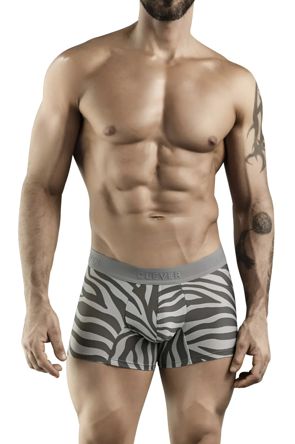 Gray and white zebra-striped Clever 1800 Cebra trunks with gray elastic waistband featuring Clever brand name