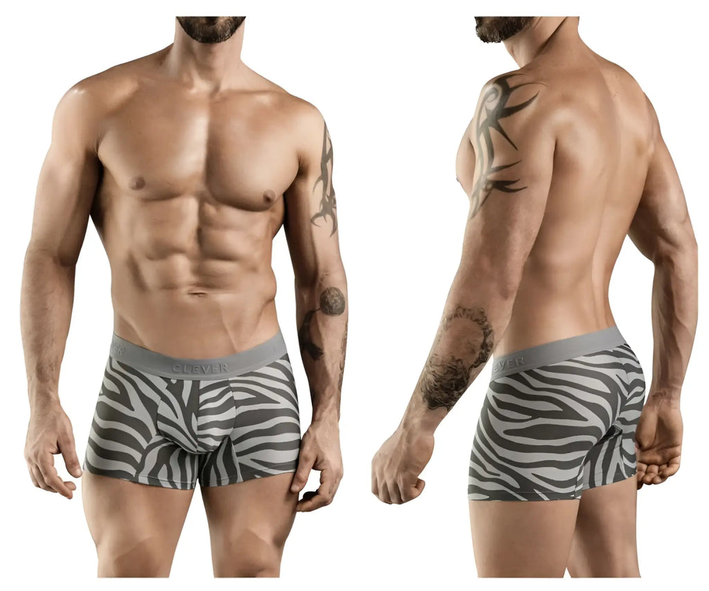 Gray and white zebra-striped clever 1800 cebra trunks boxer briefs with gray elastic waistband front view
