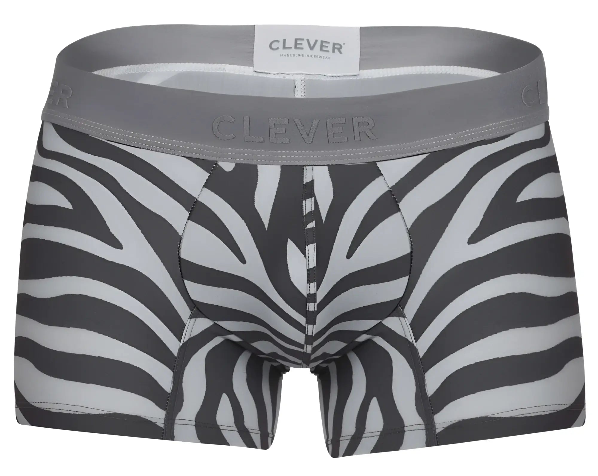 Gray and white zebra-striped clever 1800 cebra men’s boxer briefs with gray waistband and clever brand label