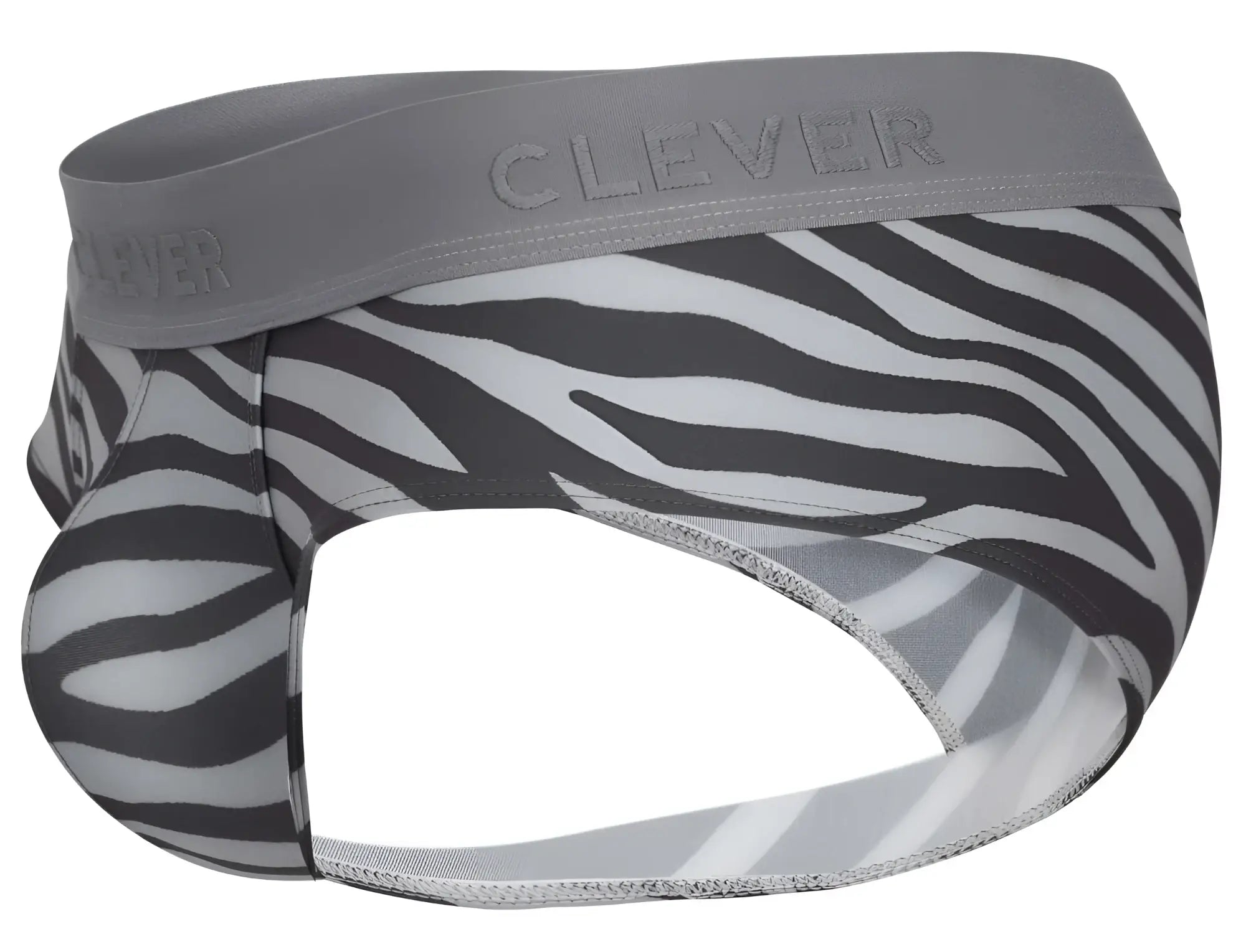 Gray and black zebra-striped men’s briefs with branded elastic waistband clever 1801 cebra briefs color gray