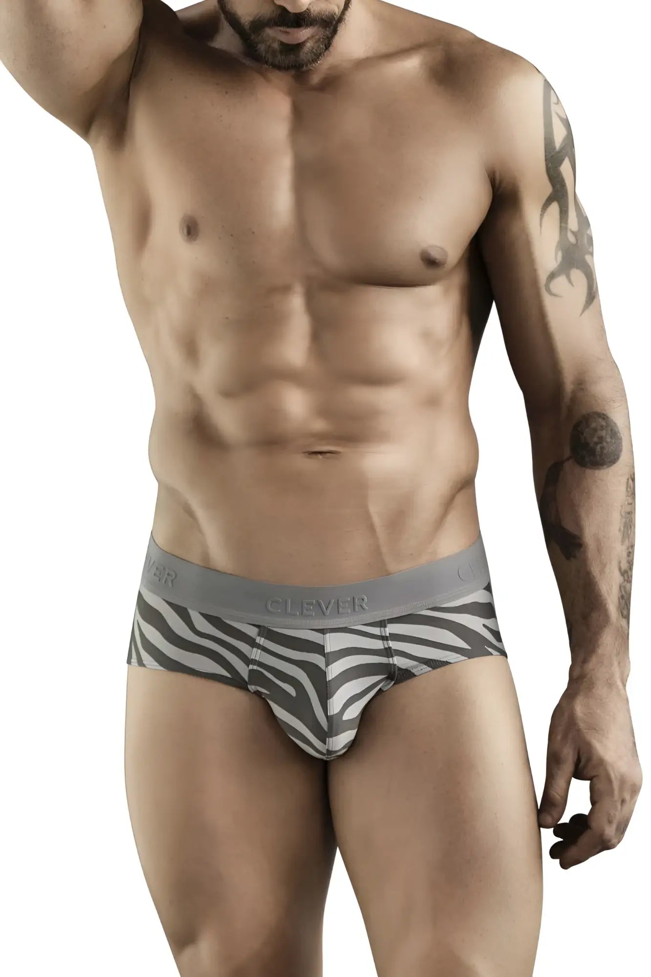 Gray and white zebra-striped men’s briefs with gray elastic waistband featuring clever brand name in clever 1801 cebra briefs