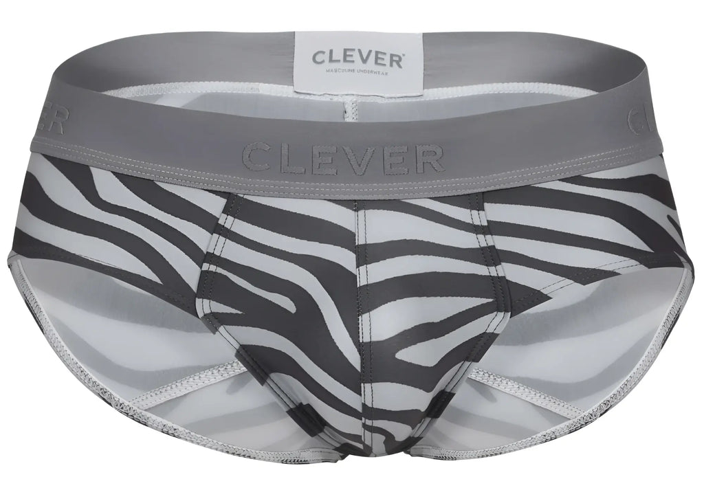 Gray and white zebra-striped clever 1801 cebra briefs for men with gray elastic waistband featuring clever logo