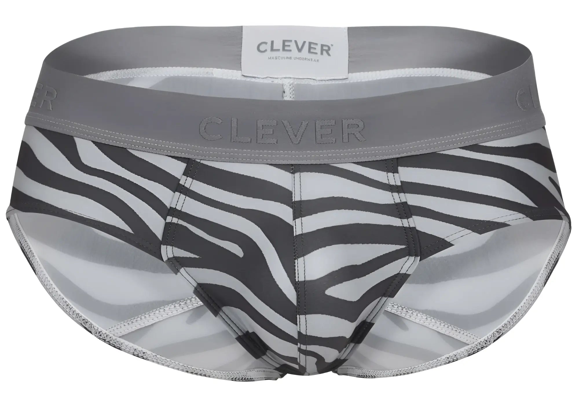 Gray and white zebra-striped clever 1801 cebra briefs for men with gray elastic waistband featuring clever logo