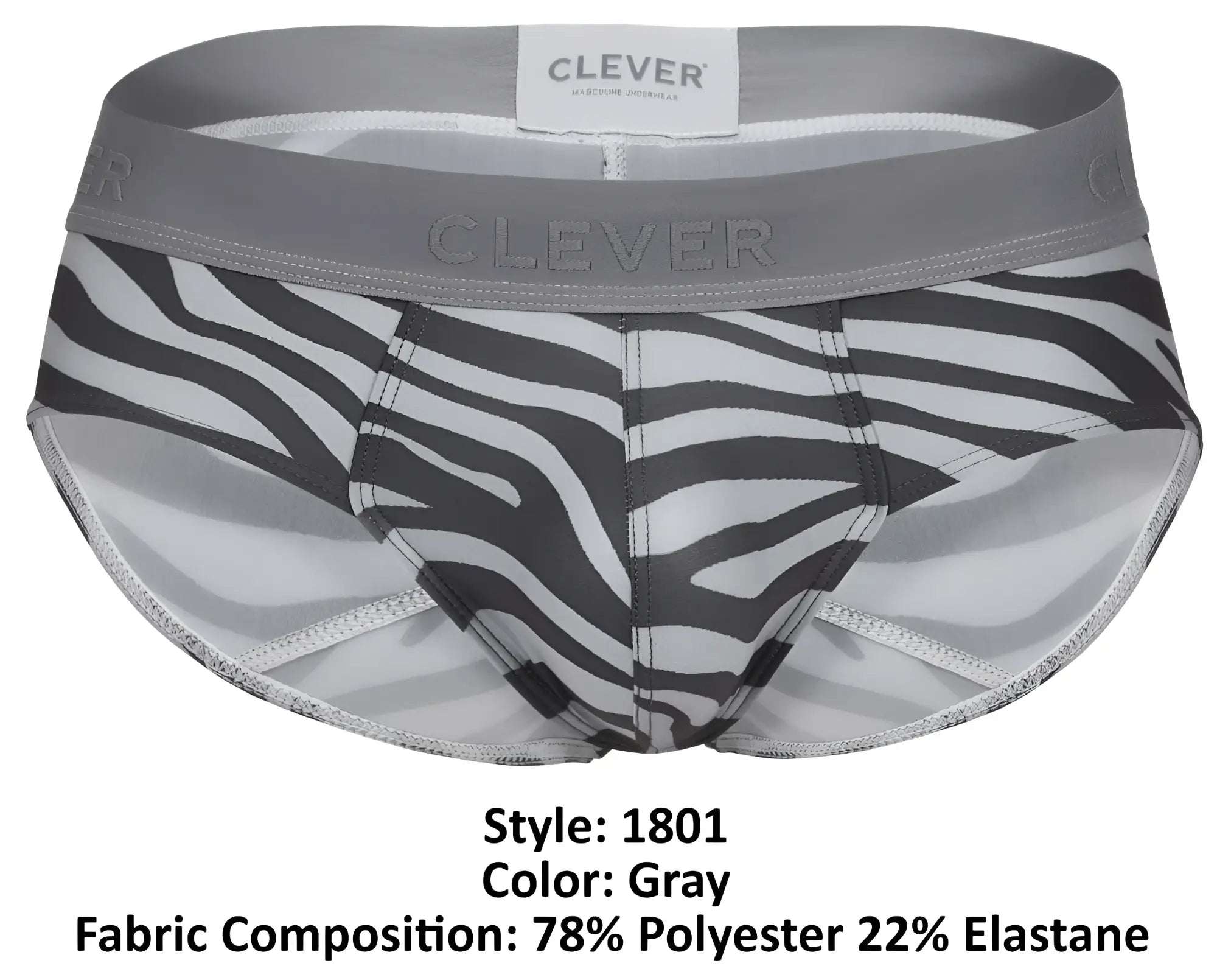 Gray zebra-print briefs with gray elastic waistband by Clever made of 78% polyester and 22% elastane