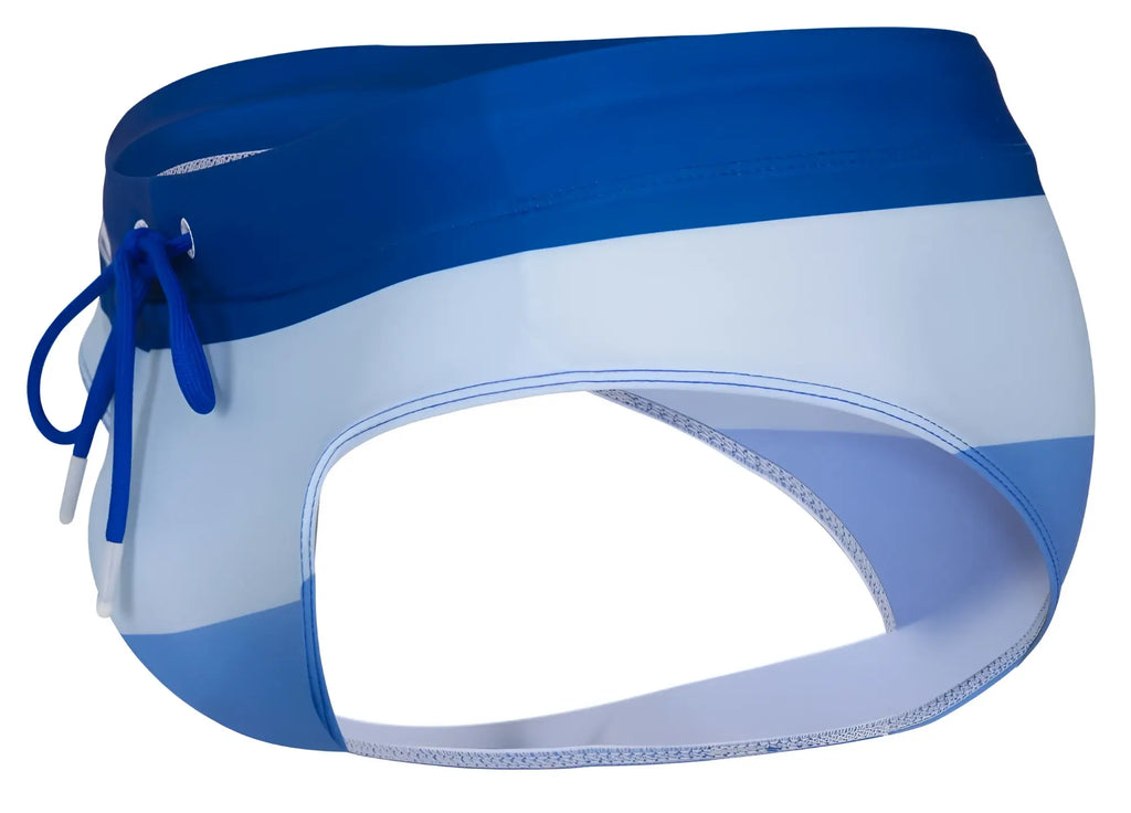 Blue and white striped clever 1802 wave swim briefs with matching blue drawstring ideal for swimming