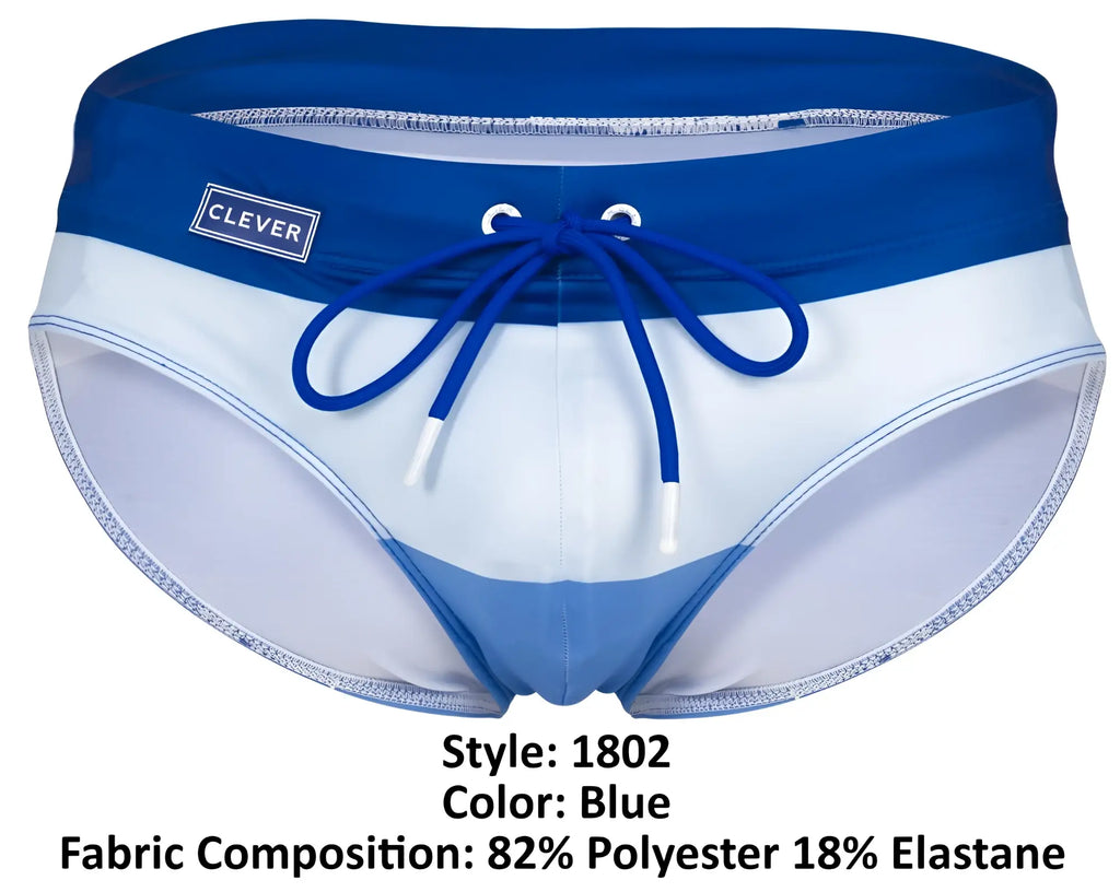 Blue and white striped clever 1802 wave swim briefs with navy waistband and clever logo on left side