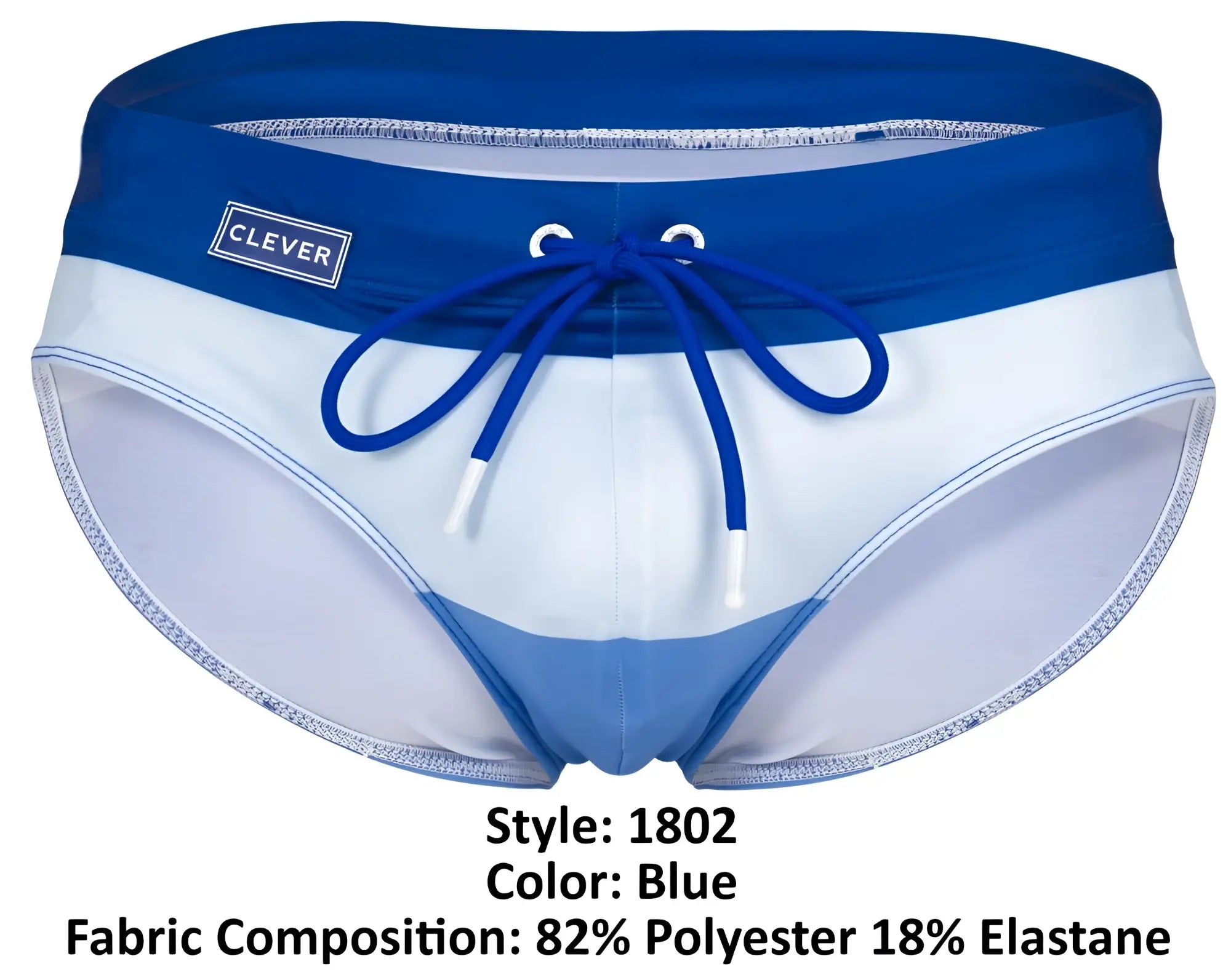 Blue and white striped clever 1802 wave swim briefs with navy waistband and clever logo on left side