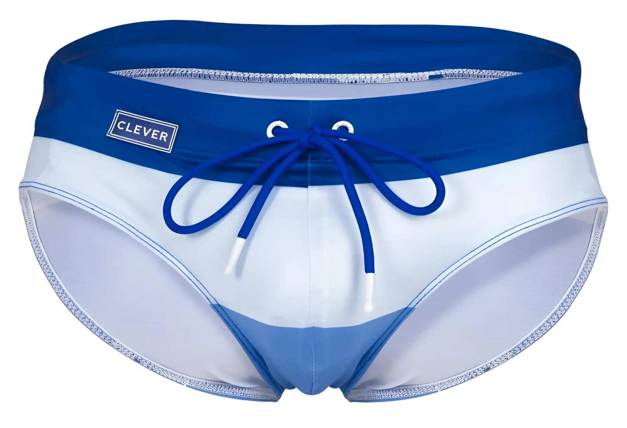 Clever 1802 wave swim briefs in blue and white with matching blue drawstring and clever label on waistband