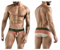 Men’s clever 1802 wave swim briefs in coral and white stripes with dark green waistband and drawstring closure