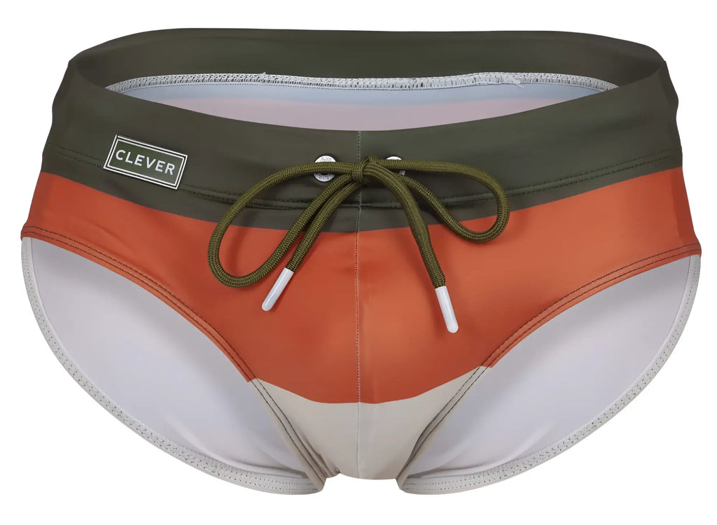 Clever 1802 wave swim briefs in olive green with orange stripes white trim and drawstring waistband for swimming