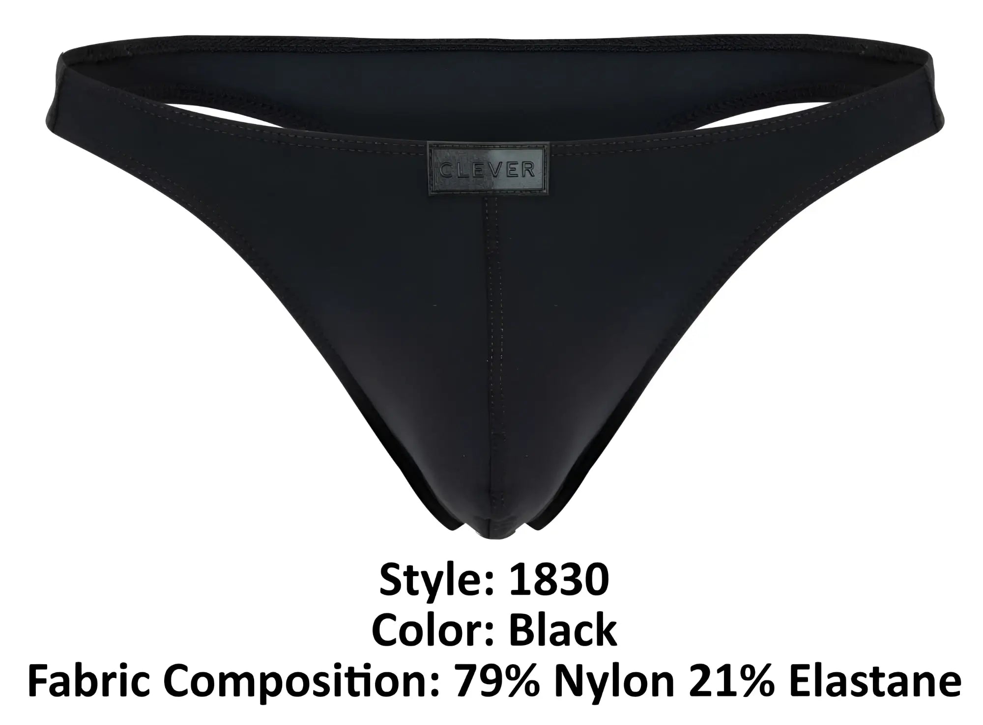 Black clever 1830 desirable thong with sleek minimalist design and small brand label on waistband front view