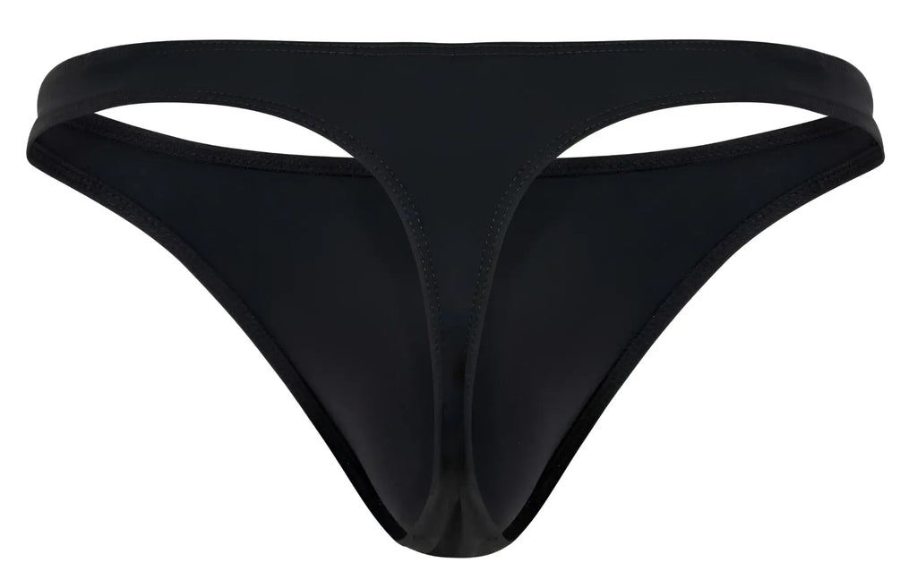 Black clever 1830 desirable thong made of smooth stretchy fabric with sleek minimalist design shown from the back