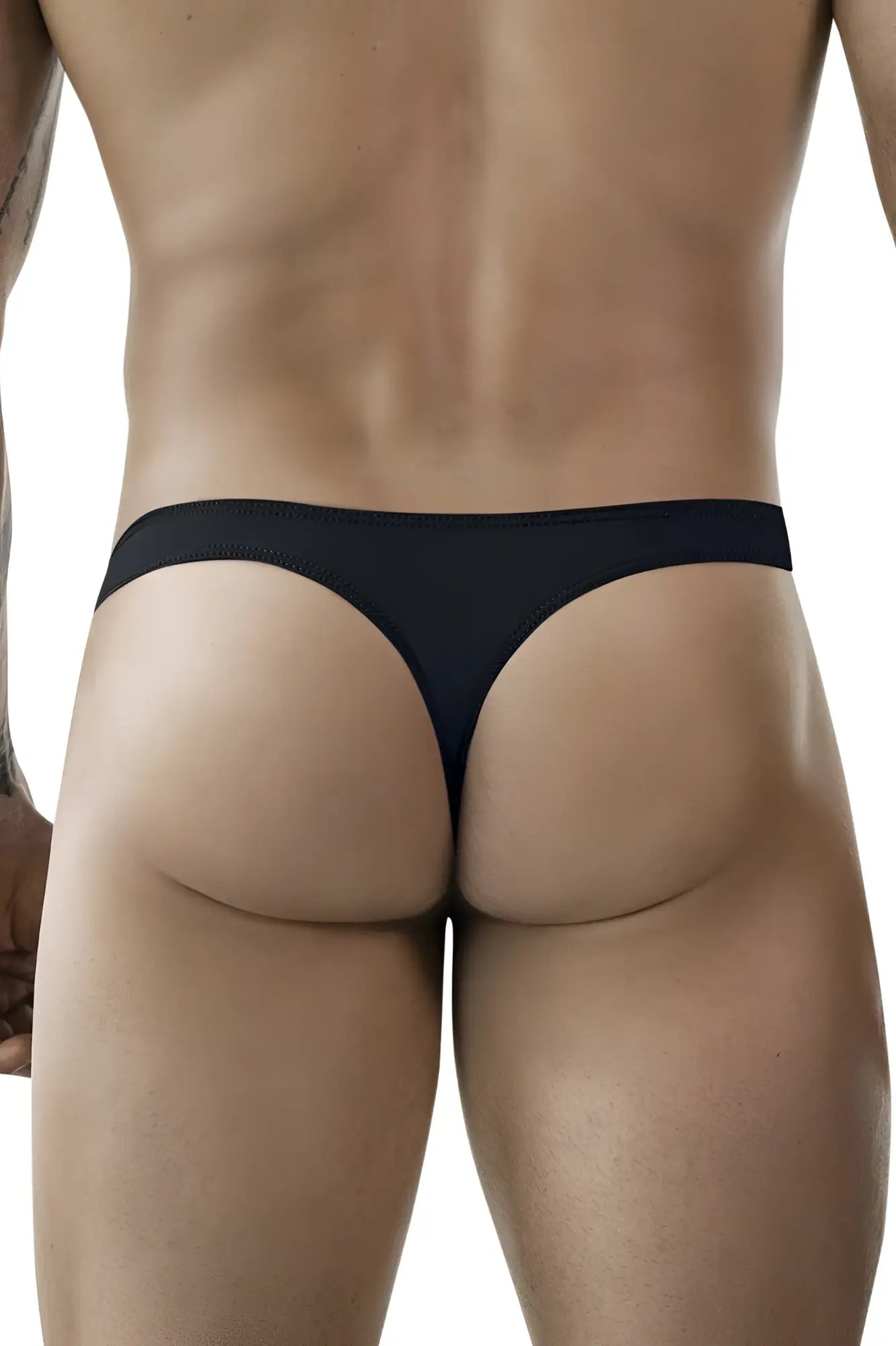 Black clever 1830 desirable thong with a smooth seamless design shown from the back side