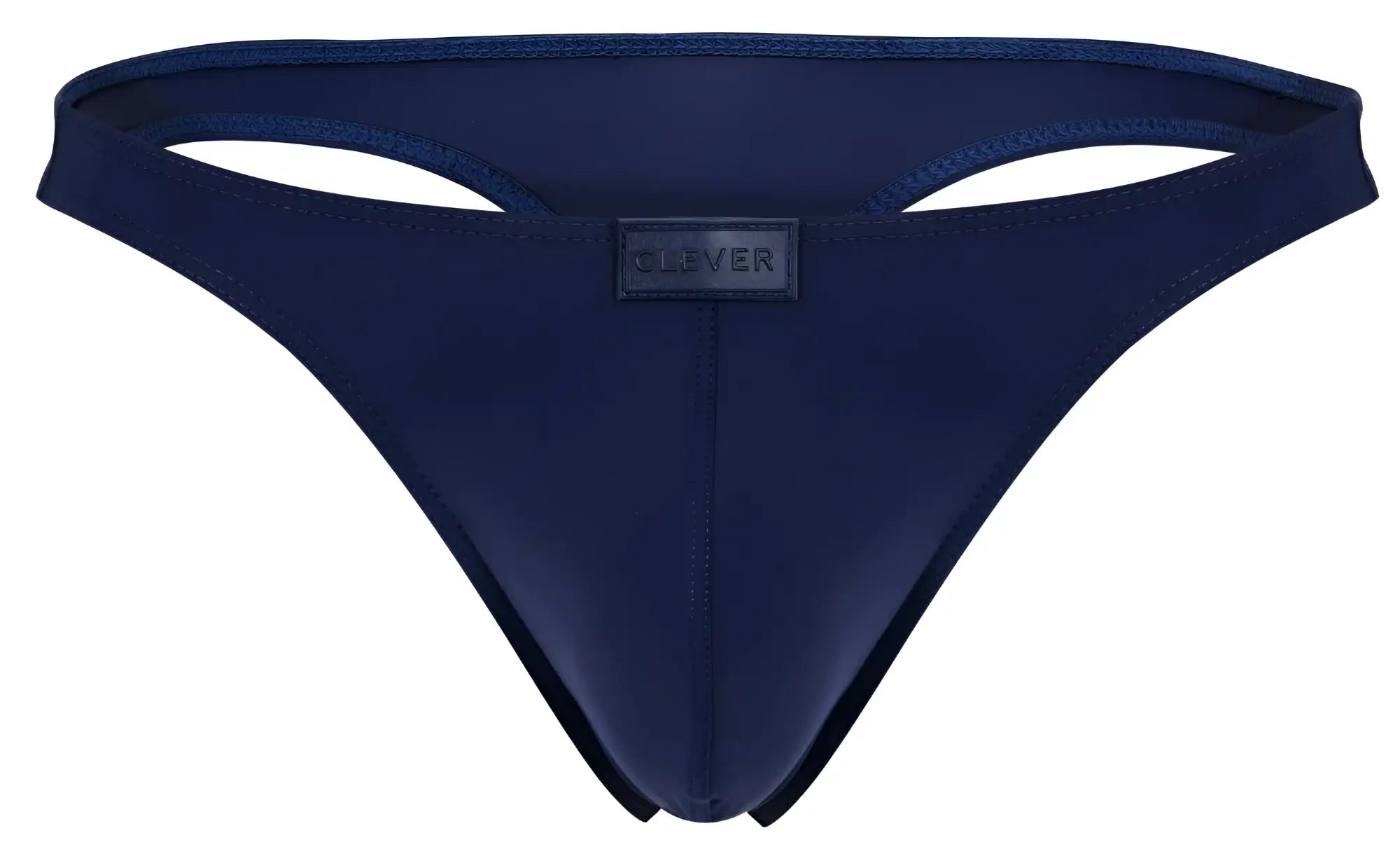 Navy blue silicone thong with a subtle clover brand label center in clever 1830 desirable thongs color dark blue