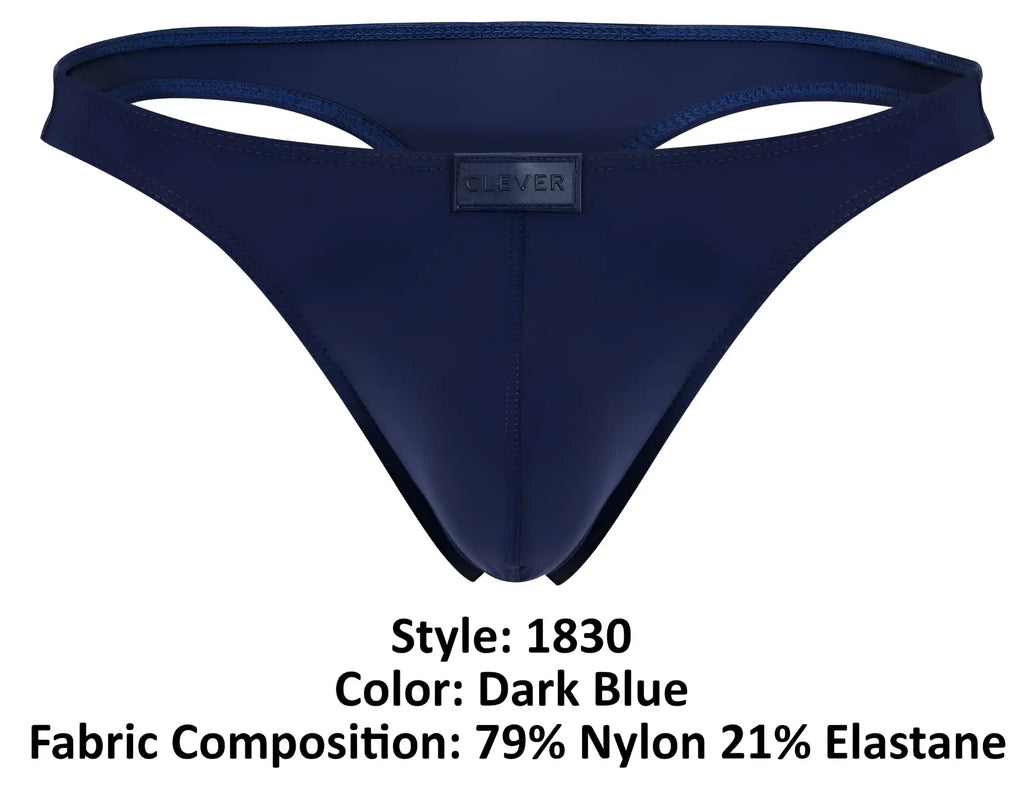 Dark blue clever 1830 desirable thong made of 79 nylon 21 elastane with a small black clever brand label at the center