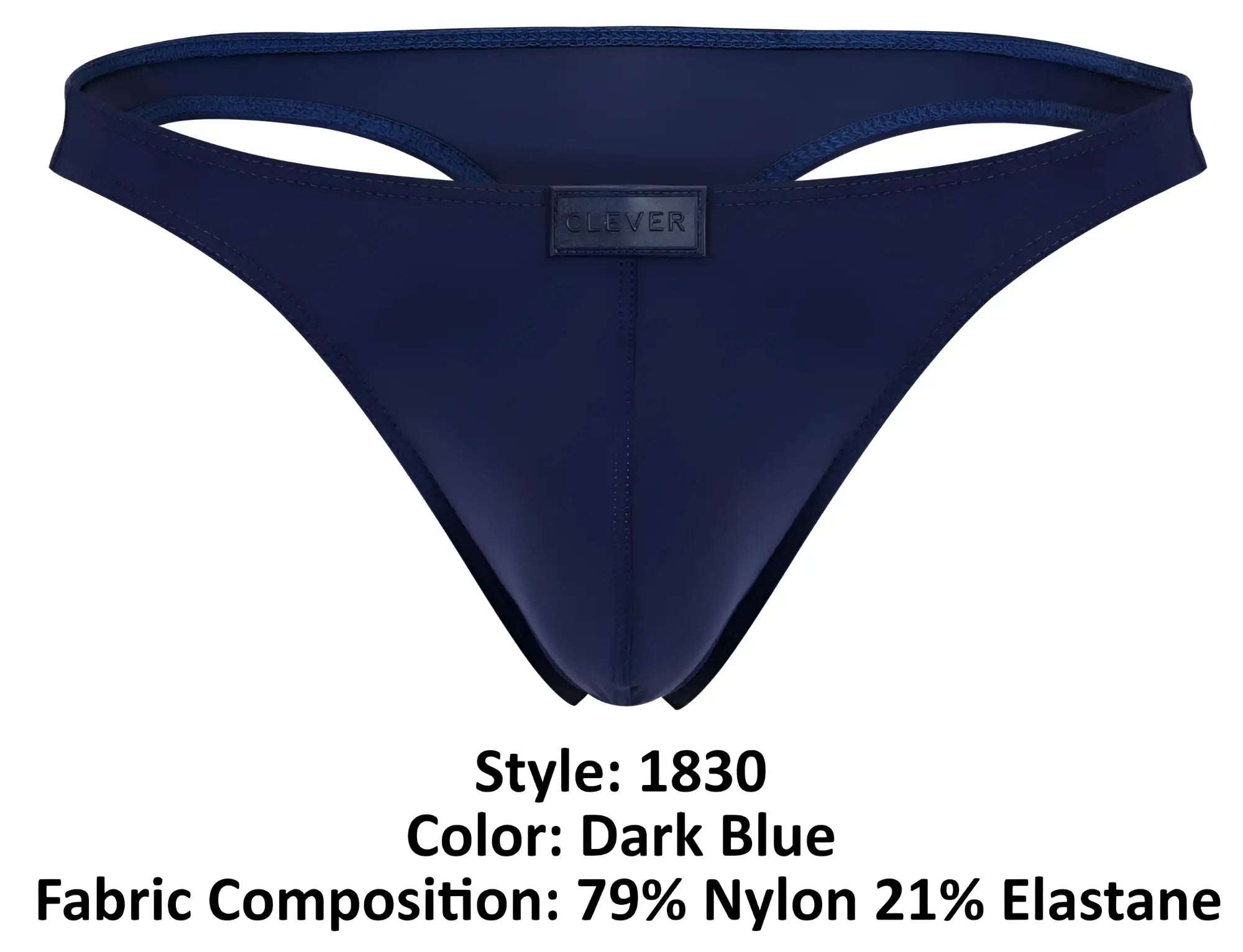 Dark blue clever 1830 desirable thong made of 79 nylon 21 elastane with a small black clever brand label at the center