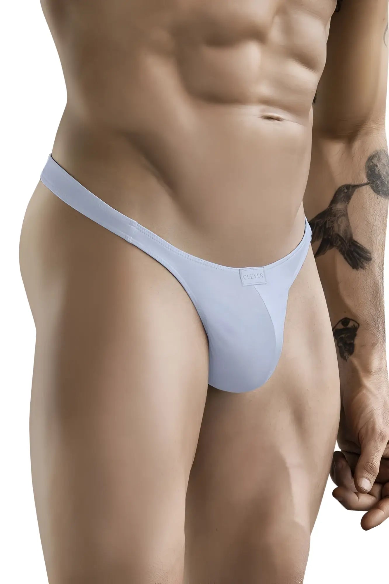 Light blue seamless thong made of soft fabric with a subtle cleveland brand tag at the waistband