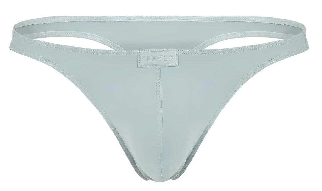 A sleek light blue thong made of smooth fabric with a minimalist design and clover brand tag in gray color