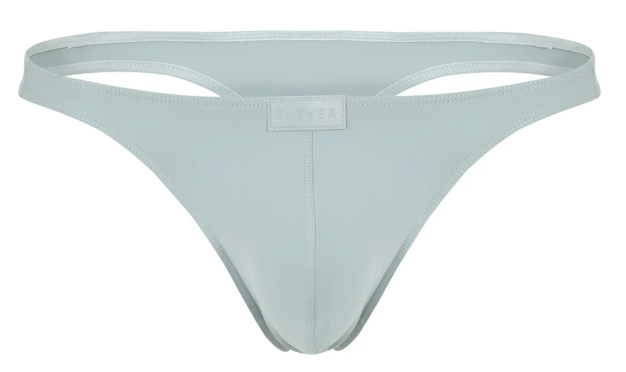 A sleek light blue thong made of smooth fabric with a minimalist design and clover brand tag in gray color