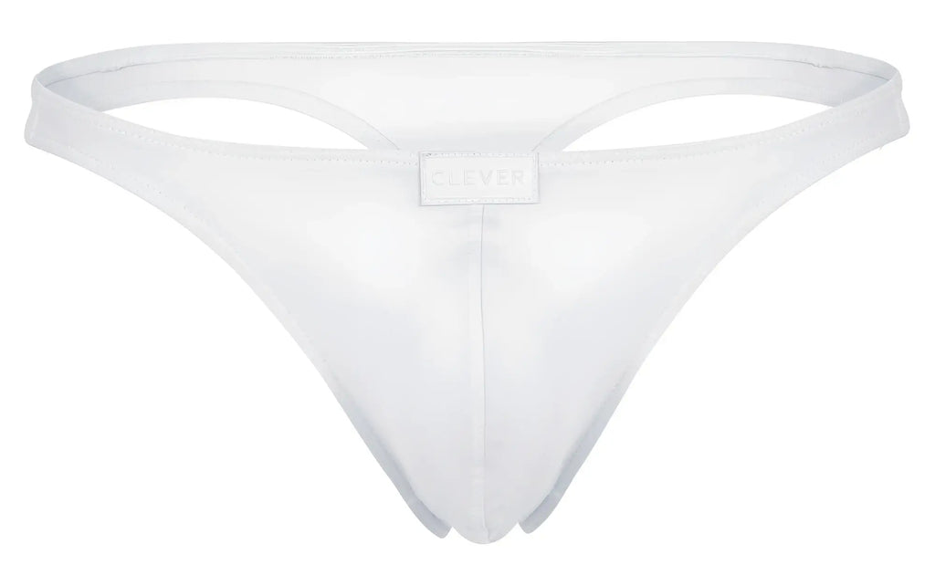 White clever 1830 desirable thong in minimalist stretchy fabric with small brand tag shown from the back side