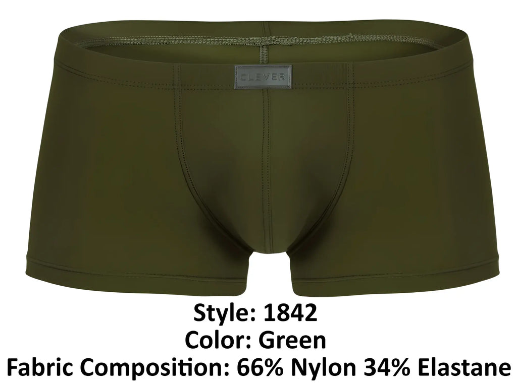 Olive green boxer briefs clever 1842 buenavista trunks made of 66 nylon 34 elastane with branded waistband label