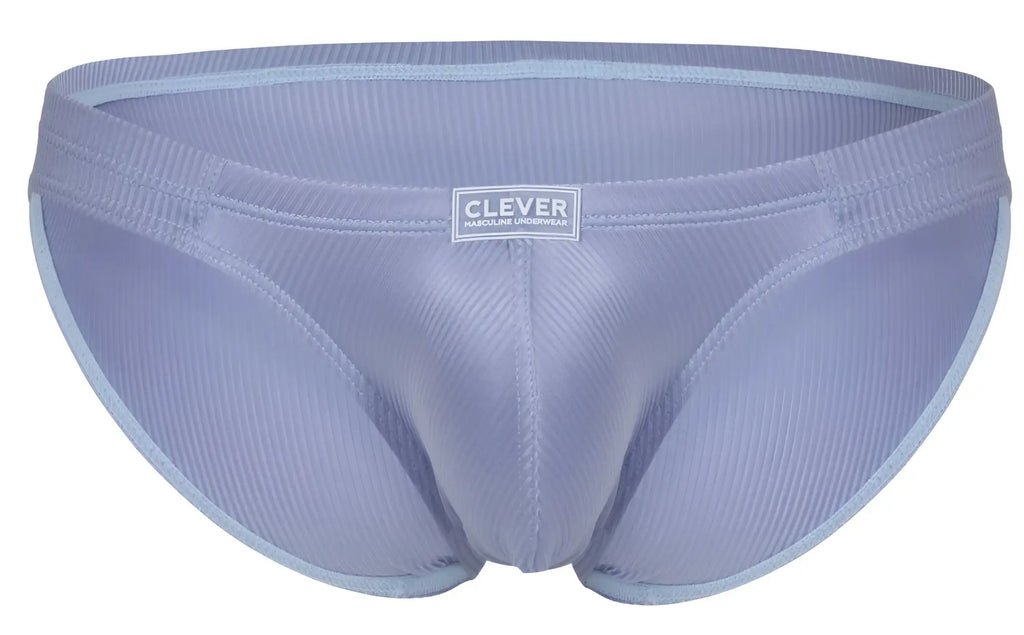 Light blue ribbed fabric briefs with clever brand label on the waistband from clever 1845 aura bikini line