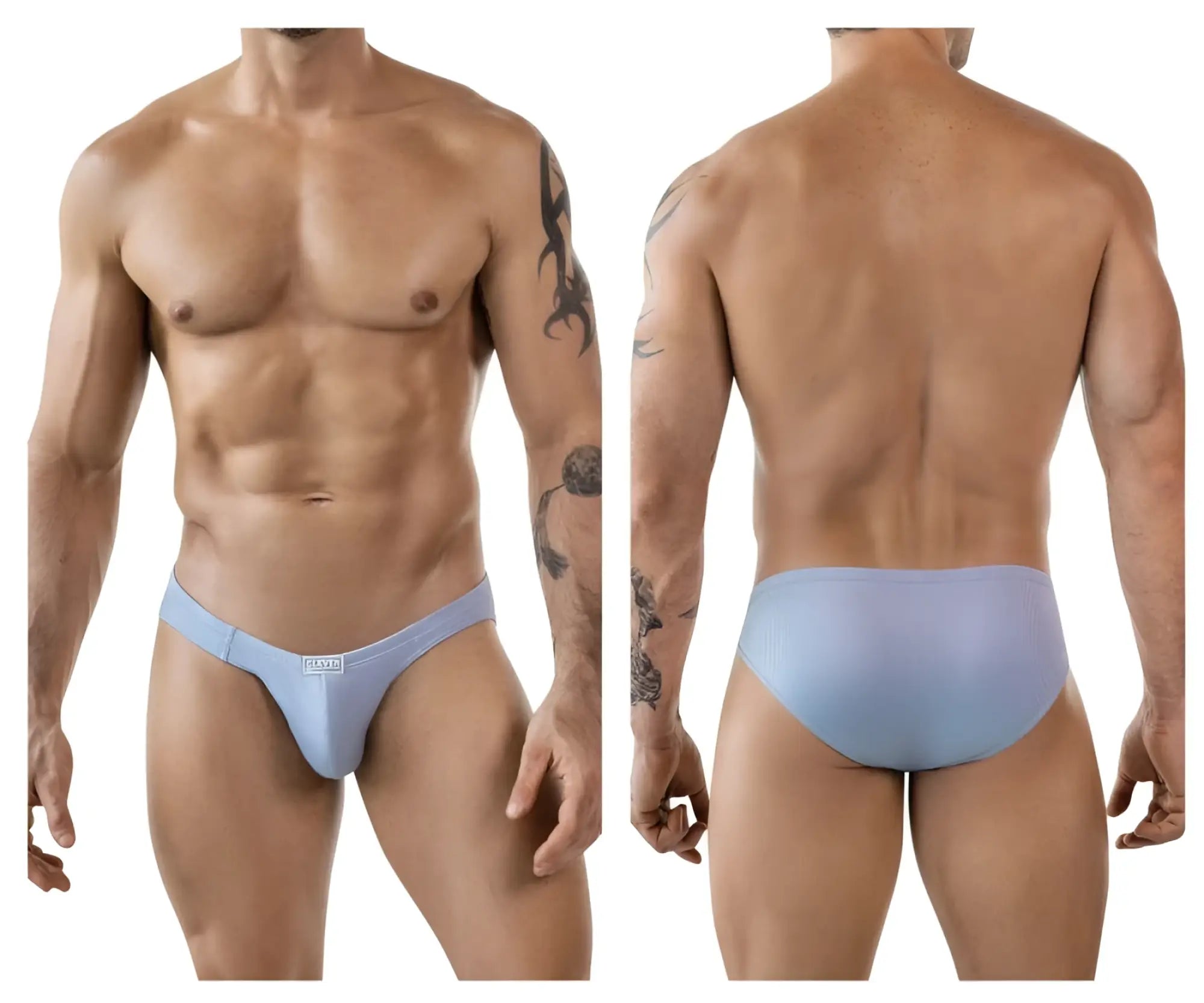 Light blue ribbed textured clever 1845 aura bikini briefs with subtle brand logo on the front for men