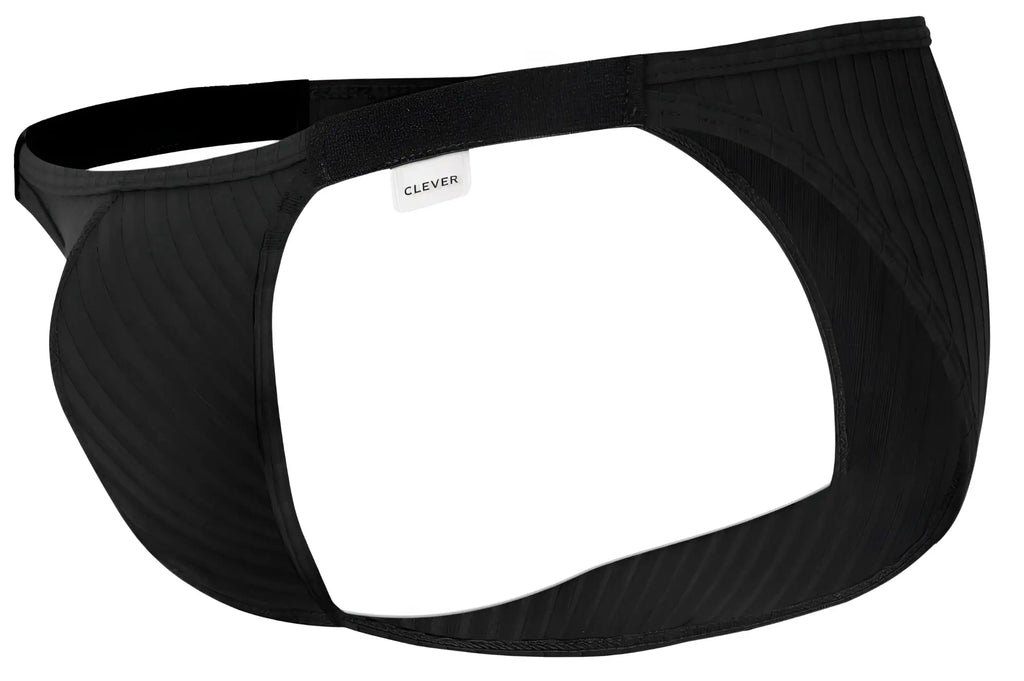 Black textured fabric briefs with sleek form-fitting design and branded clever label for men clever 1846 mantra bikini