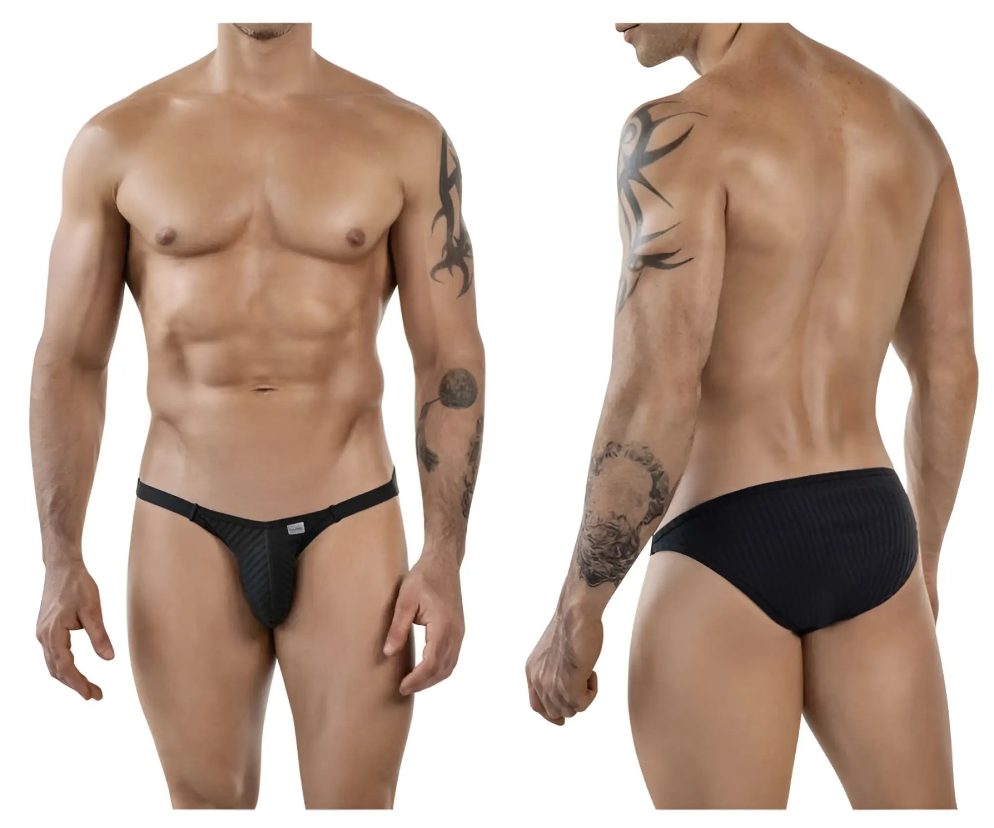 Black clever 1846 mantra bikini briefs with subtle ribbed texture and white brand tag on waistband
