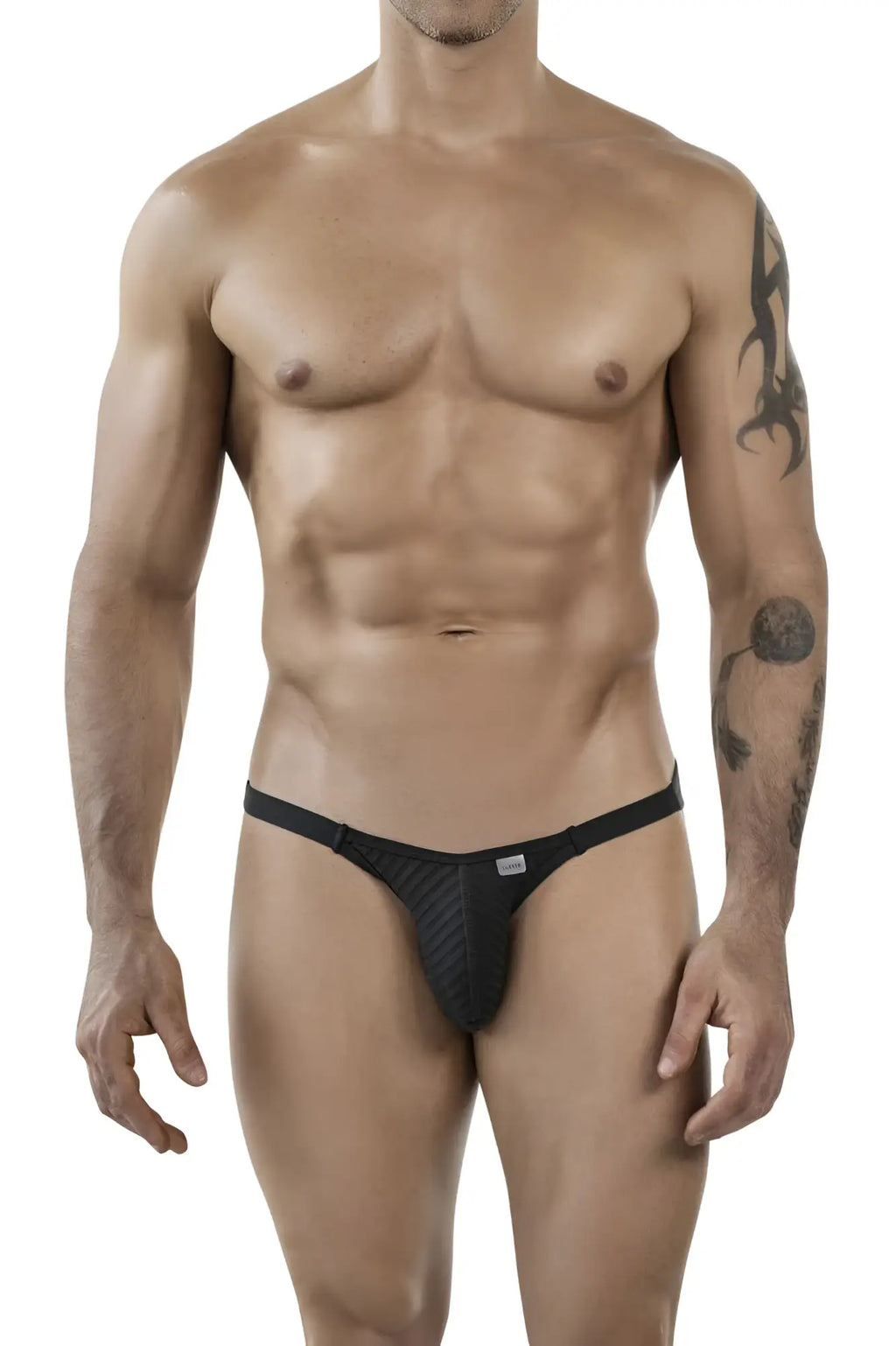 Black textured thong with sleek form-fitting design from clever 1846 mantra bikini in color black shown from back