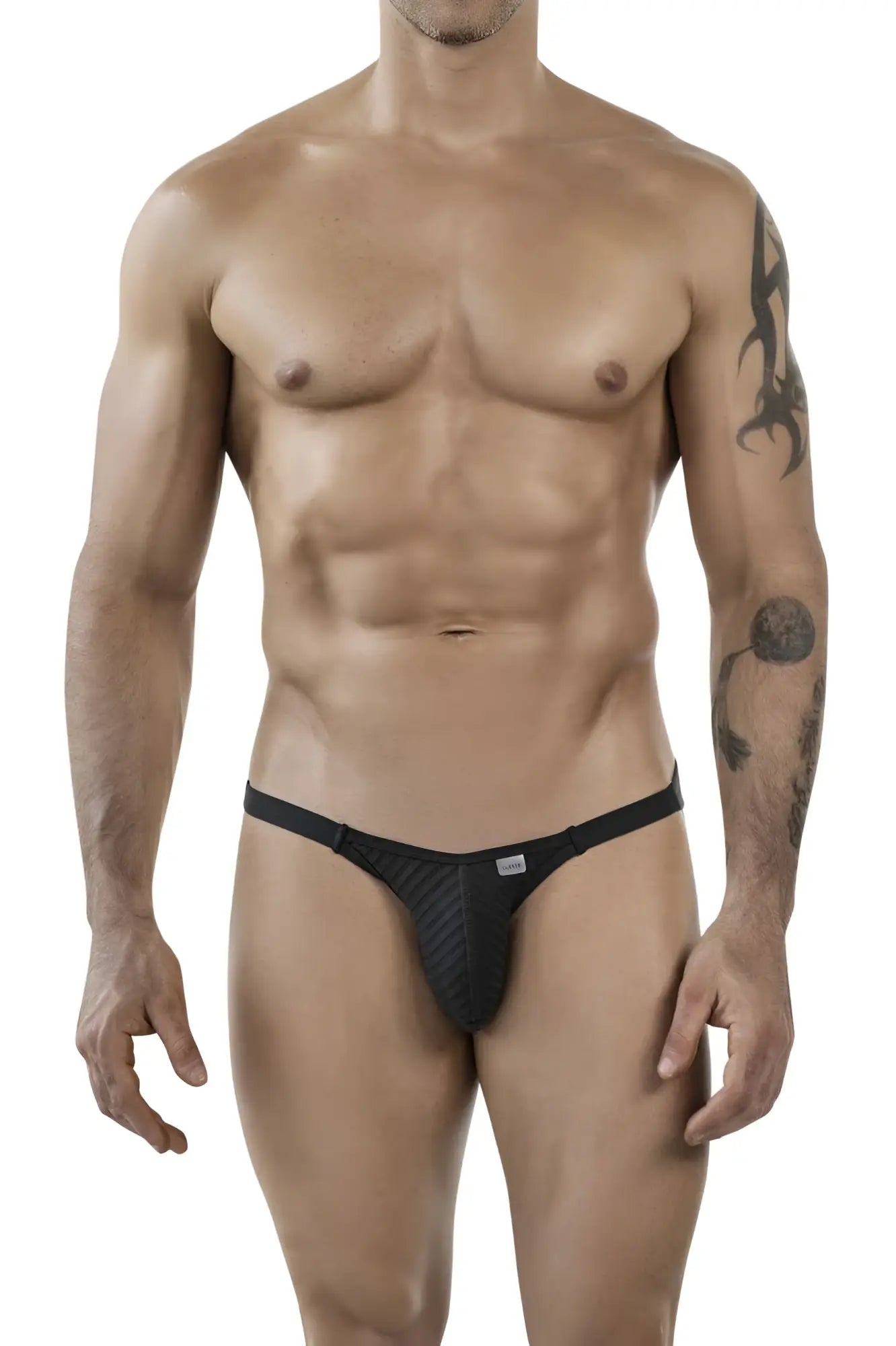 Black textured thong with sleek form-fitting design from clever 1846 mantra bikini in color black shown from back